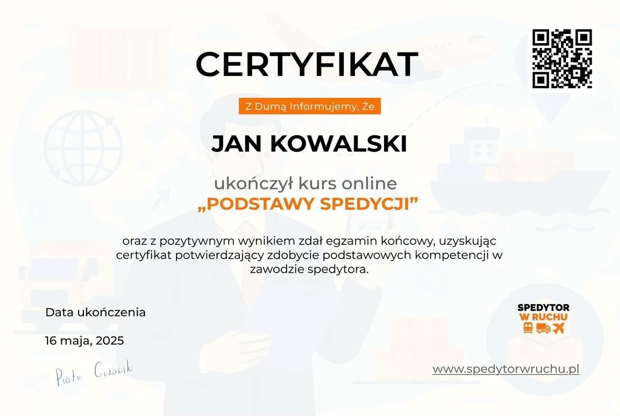 Mockup certyfikatu Spedytor w Ruchu z kodem QR